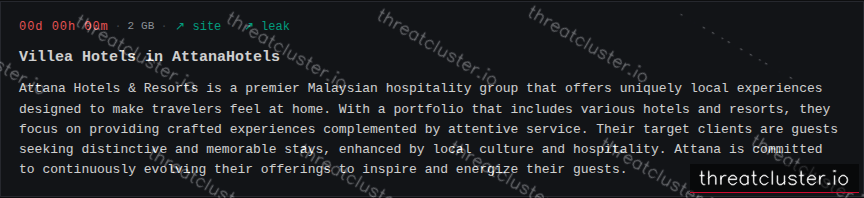 Leak-site post naming Villea Hotels in AttanaHo, captured by ThreatCluster