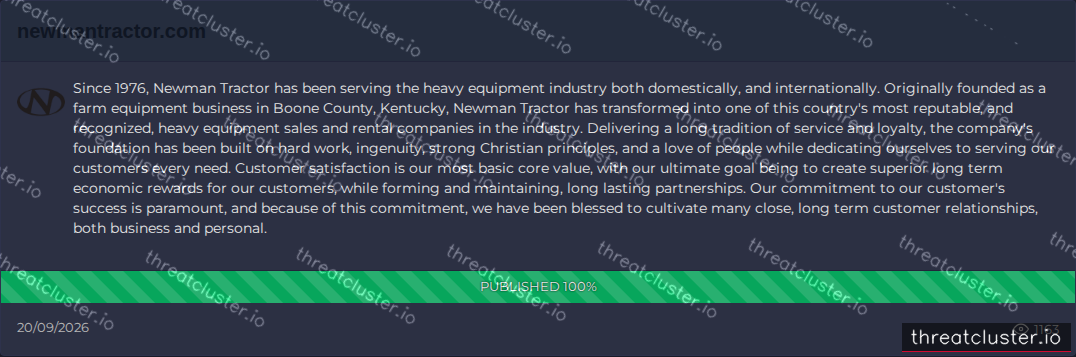 Leak-site post naming newmantractor.com, captured by ThreatCluster