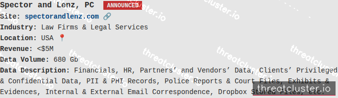 Leak-site post naming Spector and Lenz, PC, captured by ThreatCluster