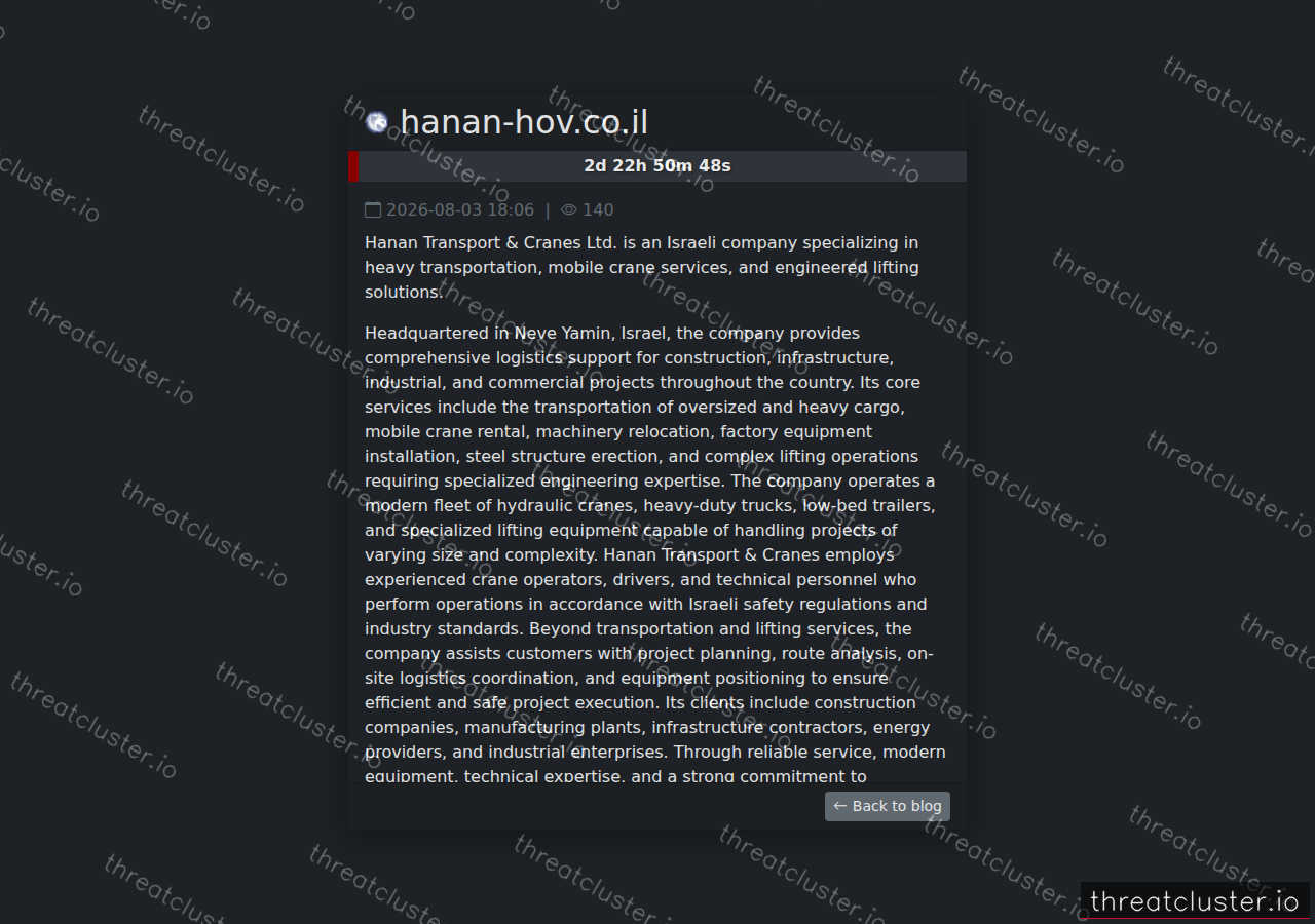 Leak-site post naming hanan-hov.co.il, captured by ThreatCluster
