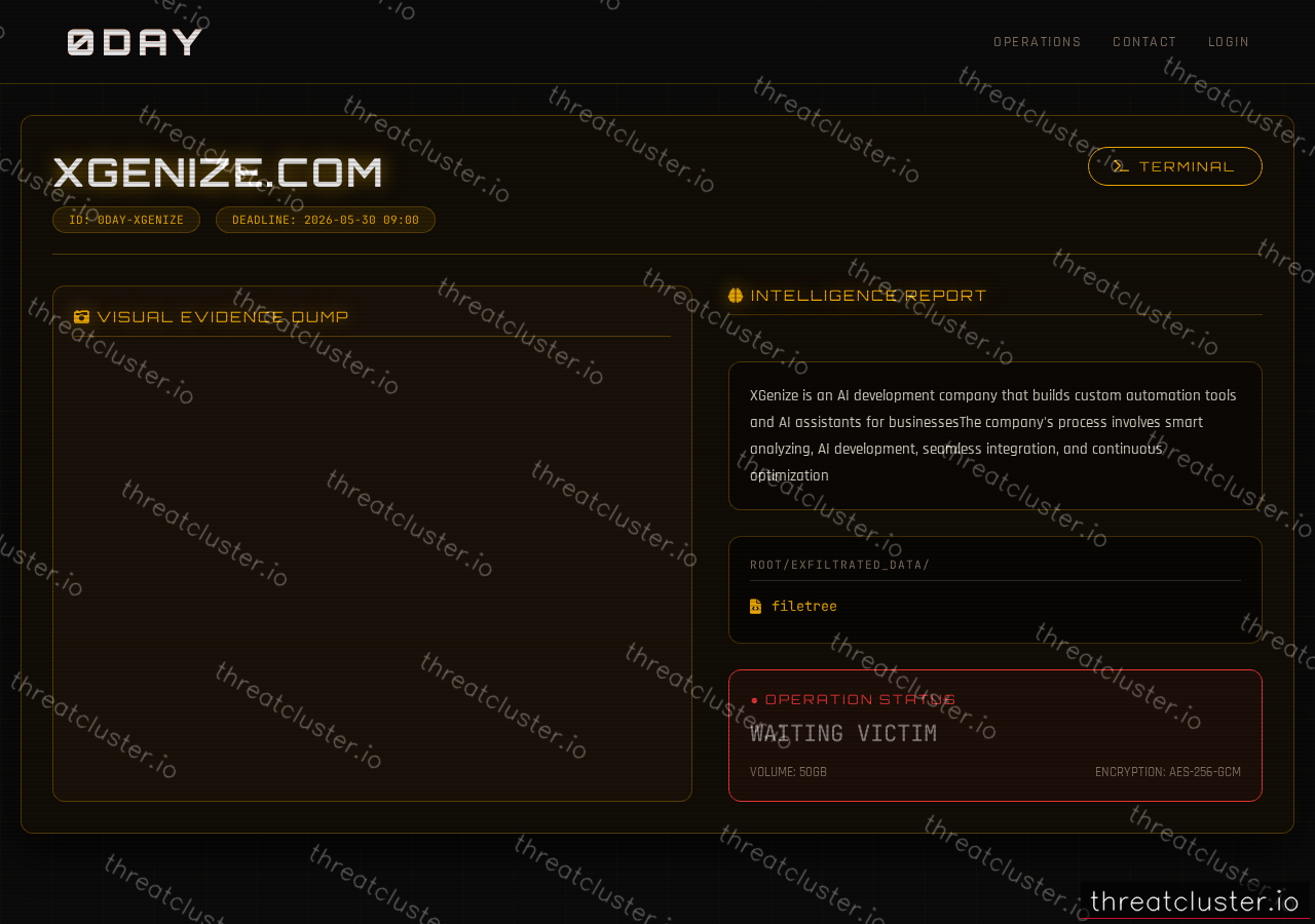 Leak-site post naming xgenize.com, captured by ThreatCluster