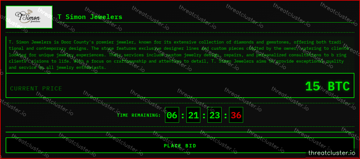 Leak-site post naming T Simon Jewelers, captured by ThreatCluster