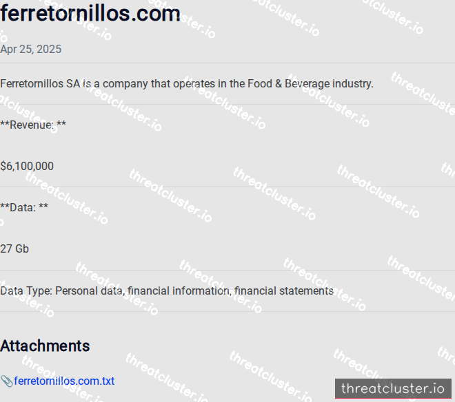 Leak-site post naming ferretornillos.com, captured by ThreatCluster