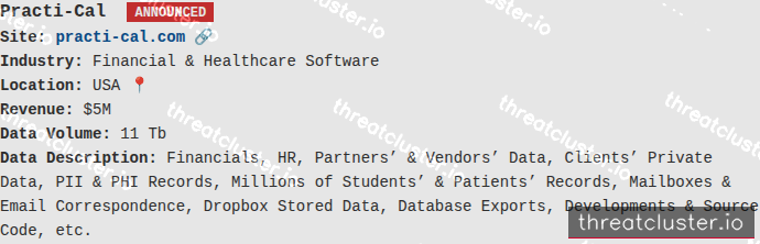 Leak-site post naming Practi-Cal, captured by ThreatCluster