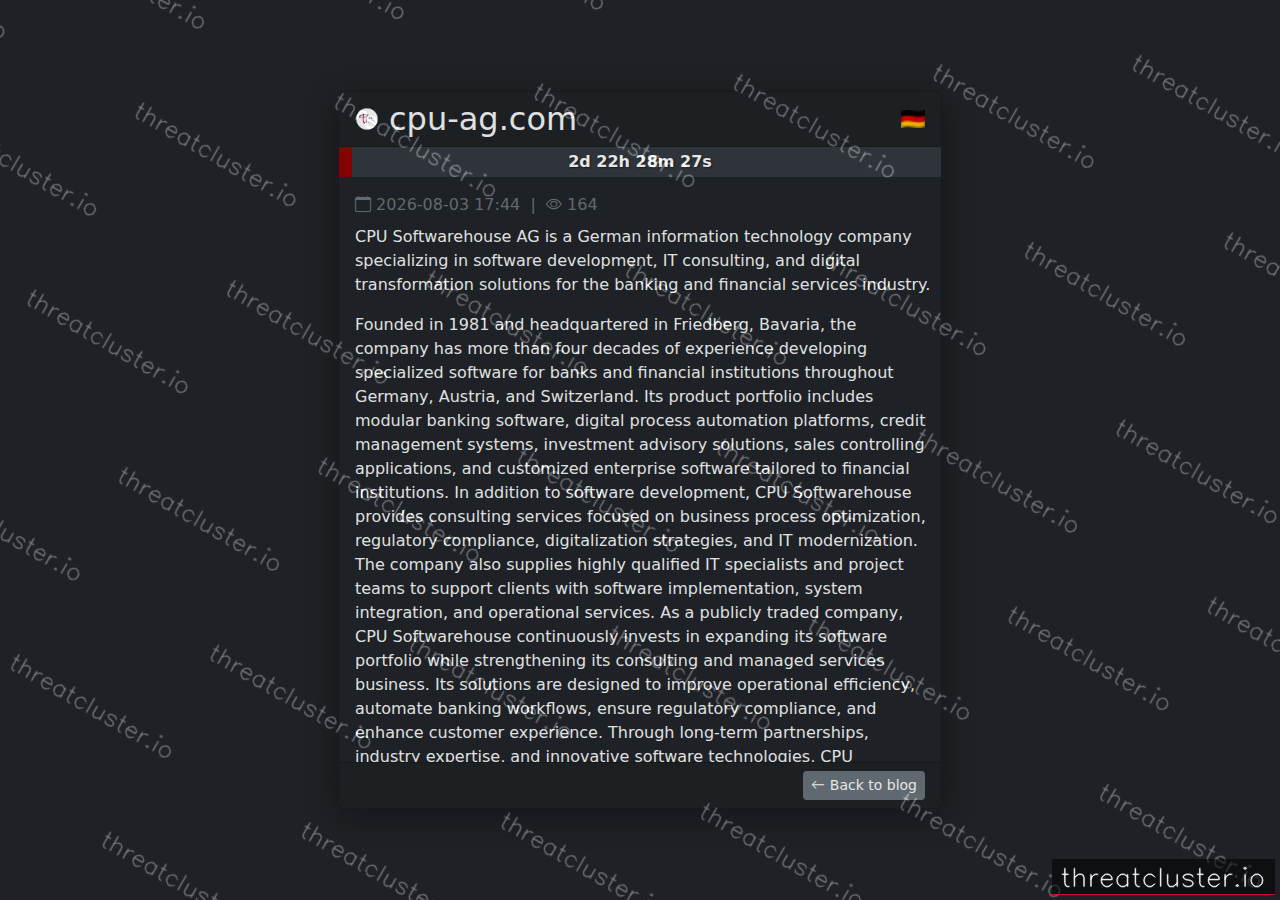 Leak-site post naming cpu-ag.com, captured by ThreatCluster