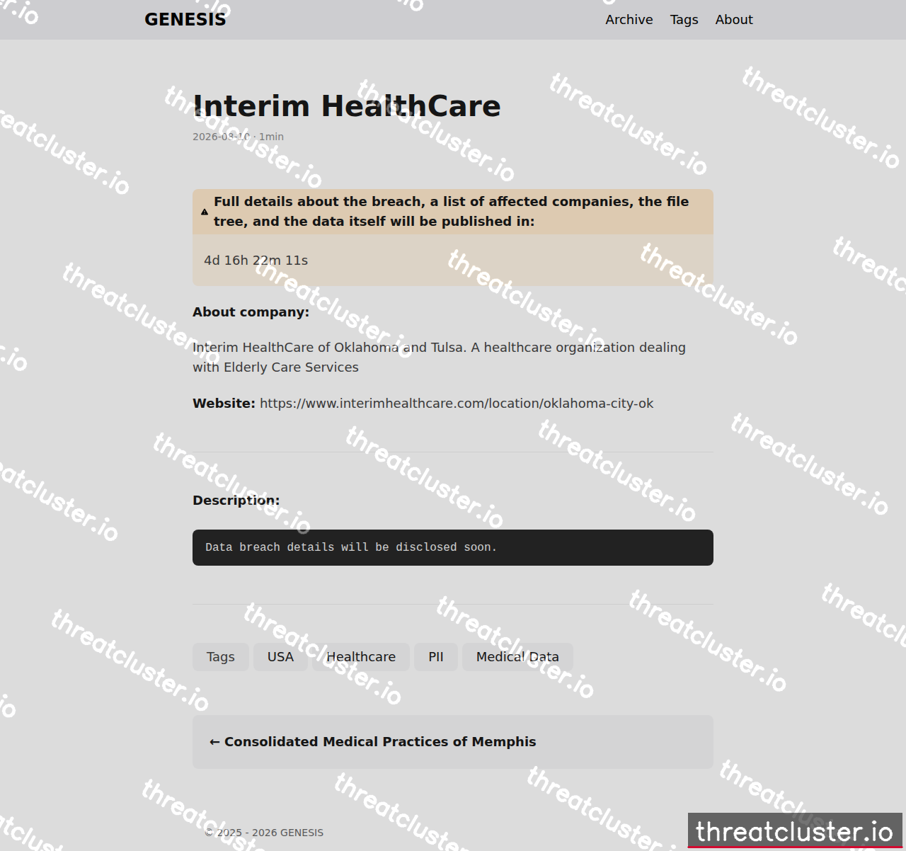 Leak-site post naming Interim HealthCare (Oklahoma and Tulsa), captured by ThreatCluster