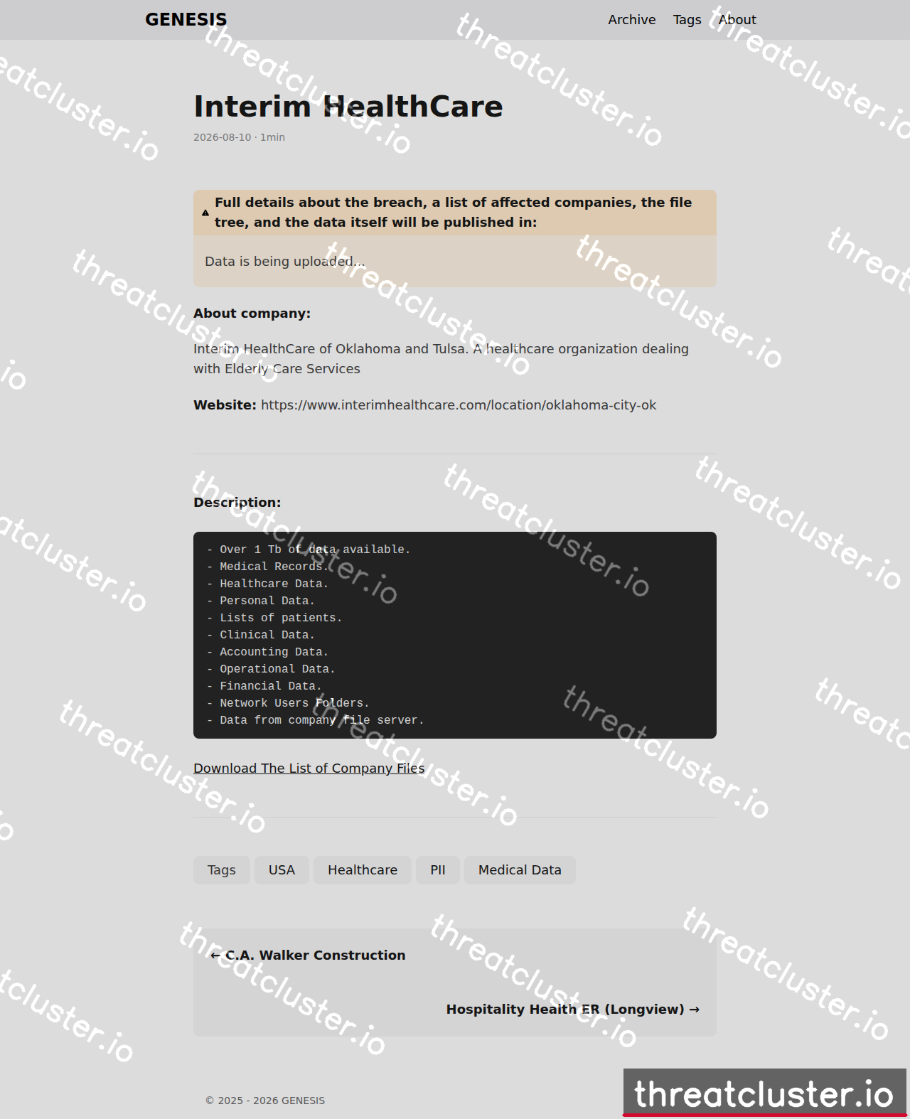 Leak-site post naming Interim HealthCare (Oklahoma and Tulsa), captured by ThreatCluster