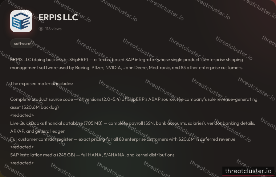 Leak-site post naming ERPIS LLC, captured by ThreatCluster