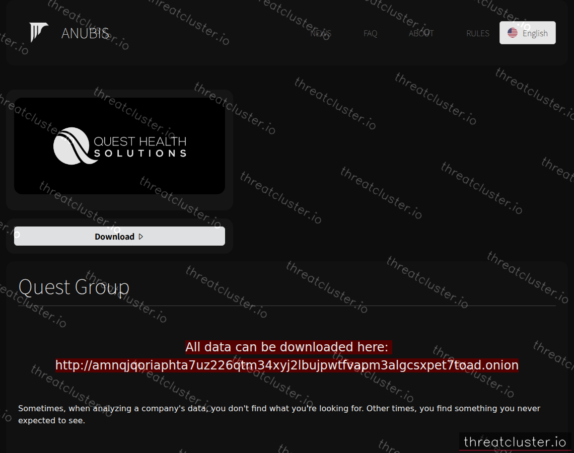 Leak-site post naming Quest Group, captured by ThreatCluster