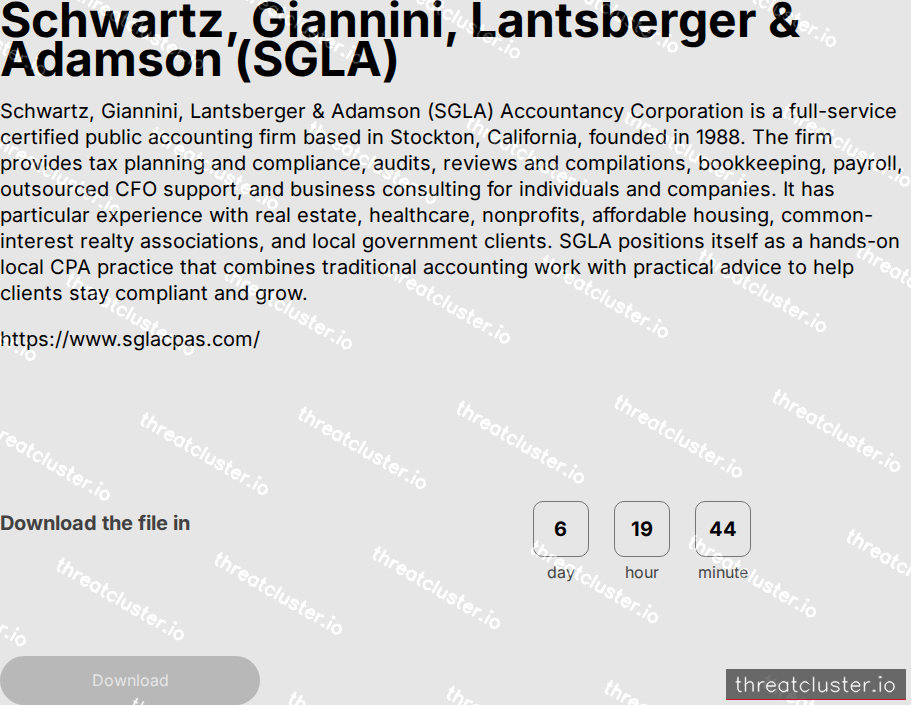 Leak-site post naming Schwartz, Giannini, Lantsberger & Adamson (SGLA), captured by ThreatCluster