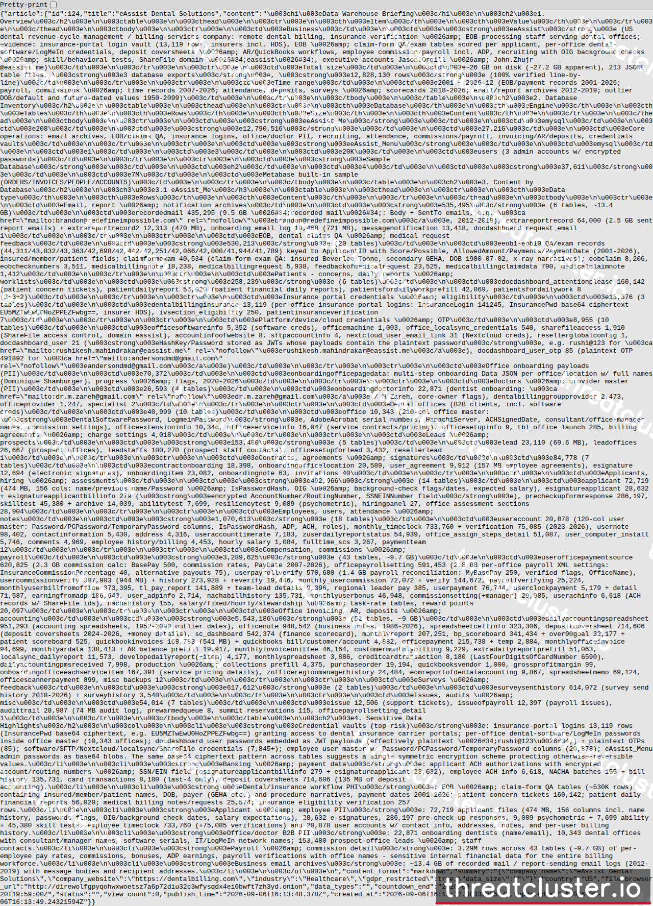 Leak-site post naming eAssist Dental Solutions, captured by ThreatCluster