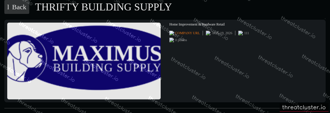 Leak-site post naming Thrifty Building Supply, captured by ThreatCluster