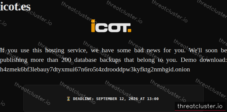 Leak-site post naming icot.es, captured by ThreatCluster