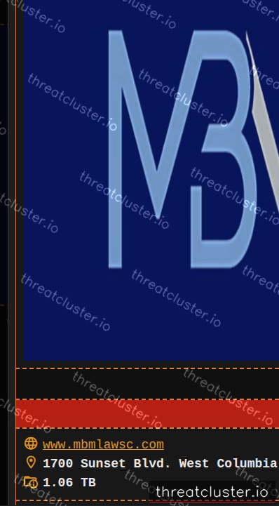 Leak-site post naming www.mbmlawsc.com, captured by ThreatCluster
