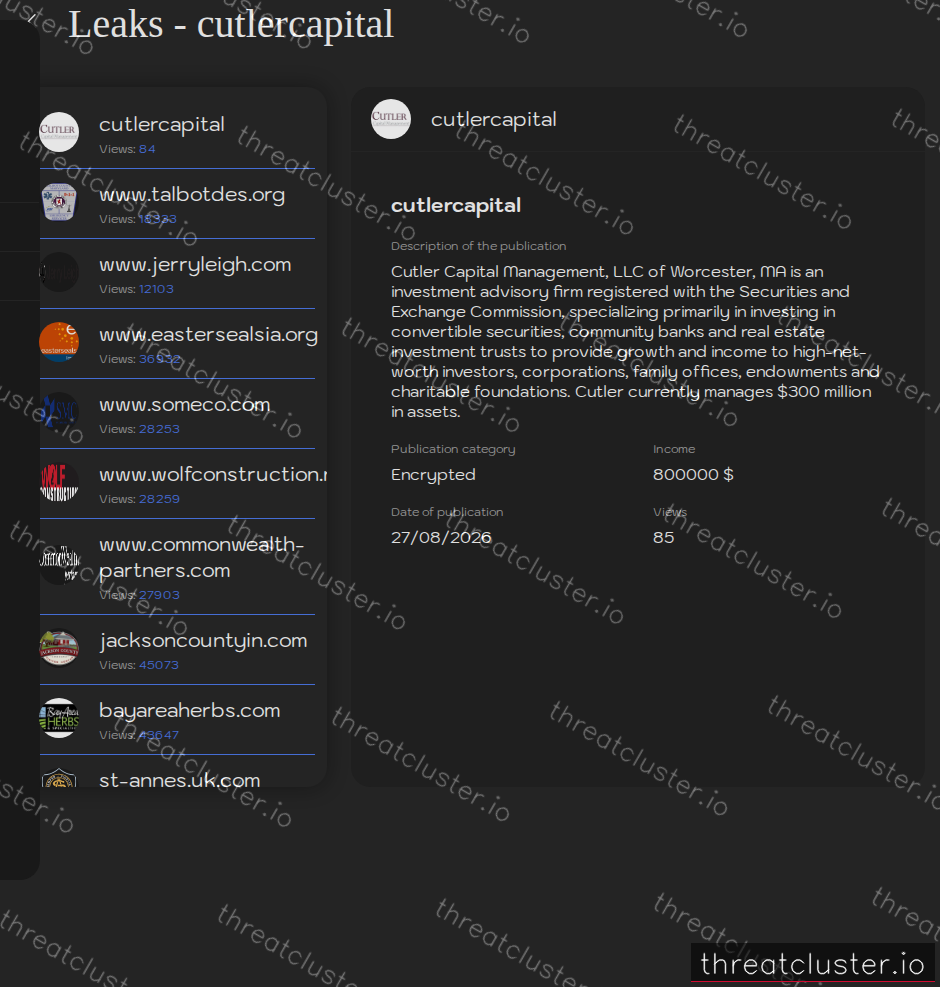 Leak-site post naming cutlercapital, captured by ThreatCluster