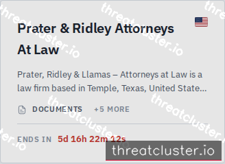 Leak-site post naming Prater & Ridley Attorneys At Law, captured by ThreatCluster