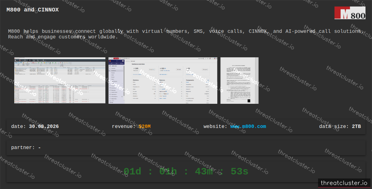 Leak-site post naming M800 and CINNOX, captured by ThreatCluster