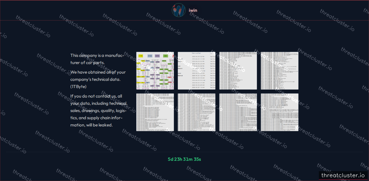 Leak-site post naming iwin, captured by ThreatCluster
