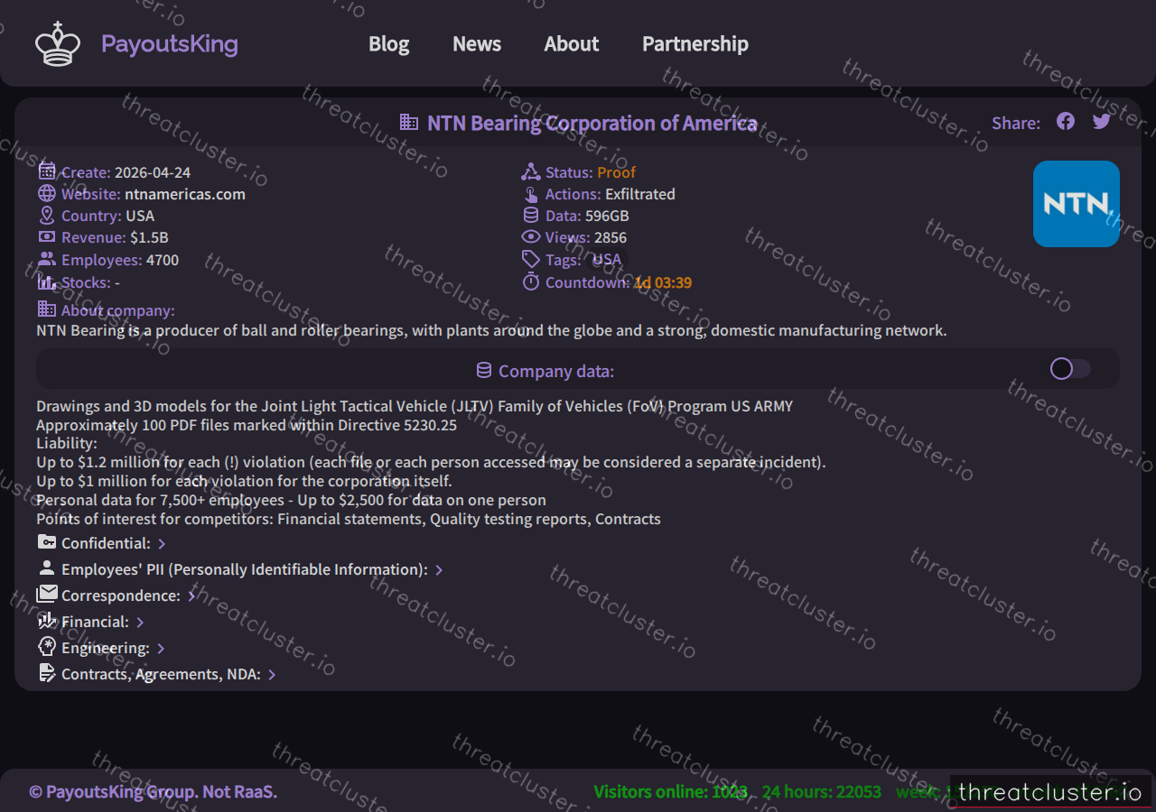 Leak-site post naming NTN Bearing Corporation of America, captured by ThreatCluster