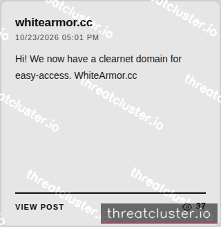 Leak-site post naming whitearmor.cc, captured by ThreatCluster