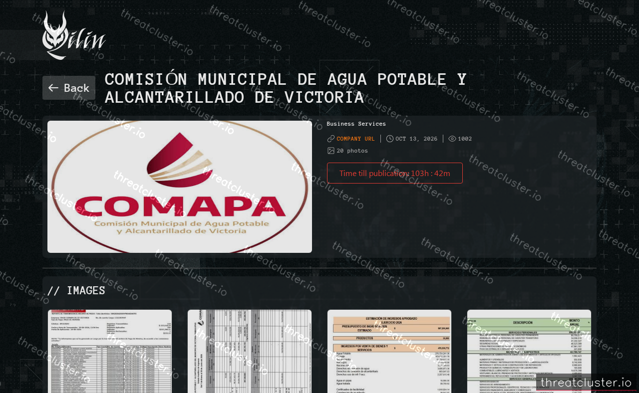 Leak-site post naming Comisión Municipal de Agua Potable y Alcantarillado de Victoria, captured by ThreatCluster