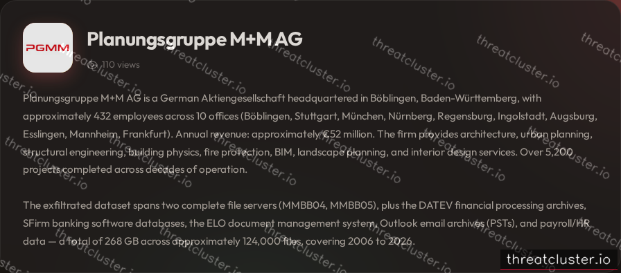 Leak-site post naming Planungsgruppe M+M AG, captured by ThreatCluster
