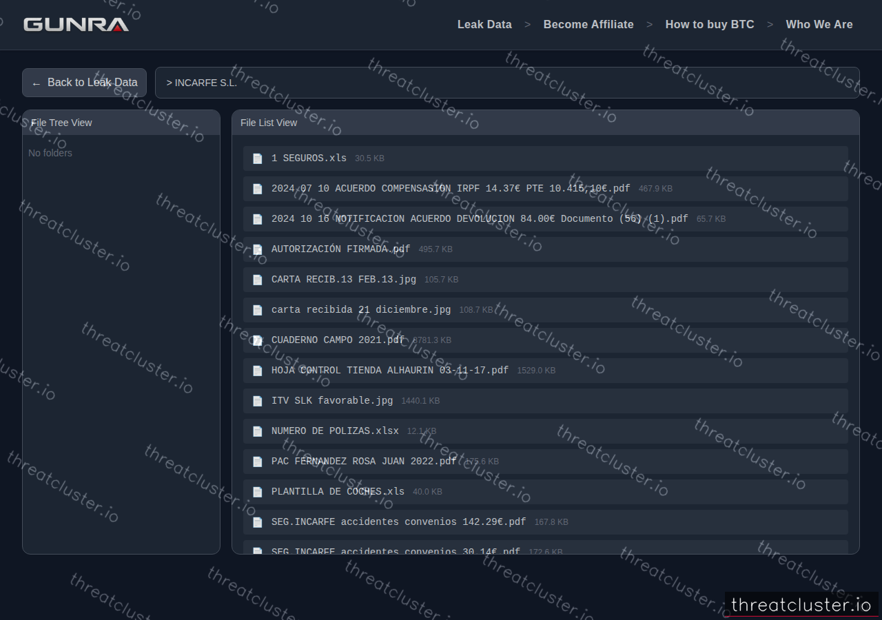 Leak-site post naming INCARFE S.L., captured by ThreatCluster