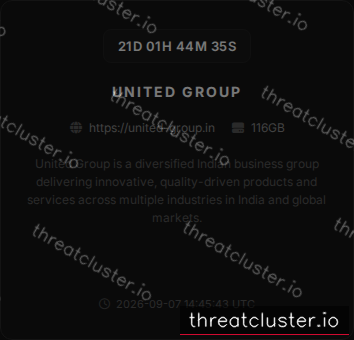 Leak-site post naming United Group, captured by ThreatCluster