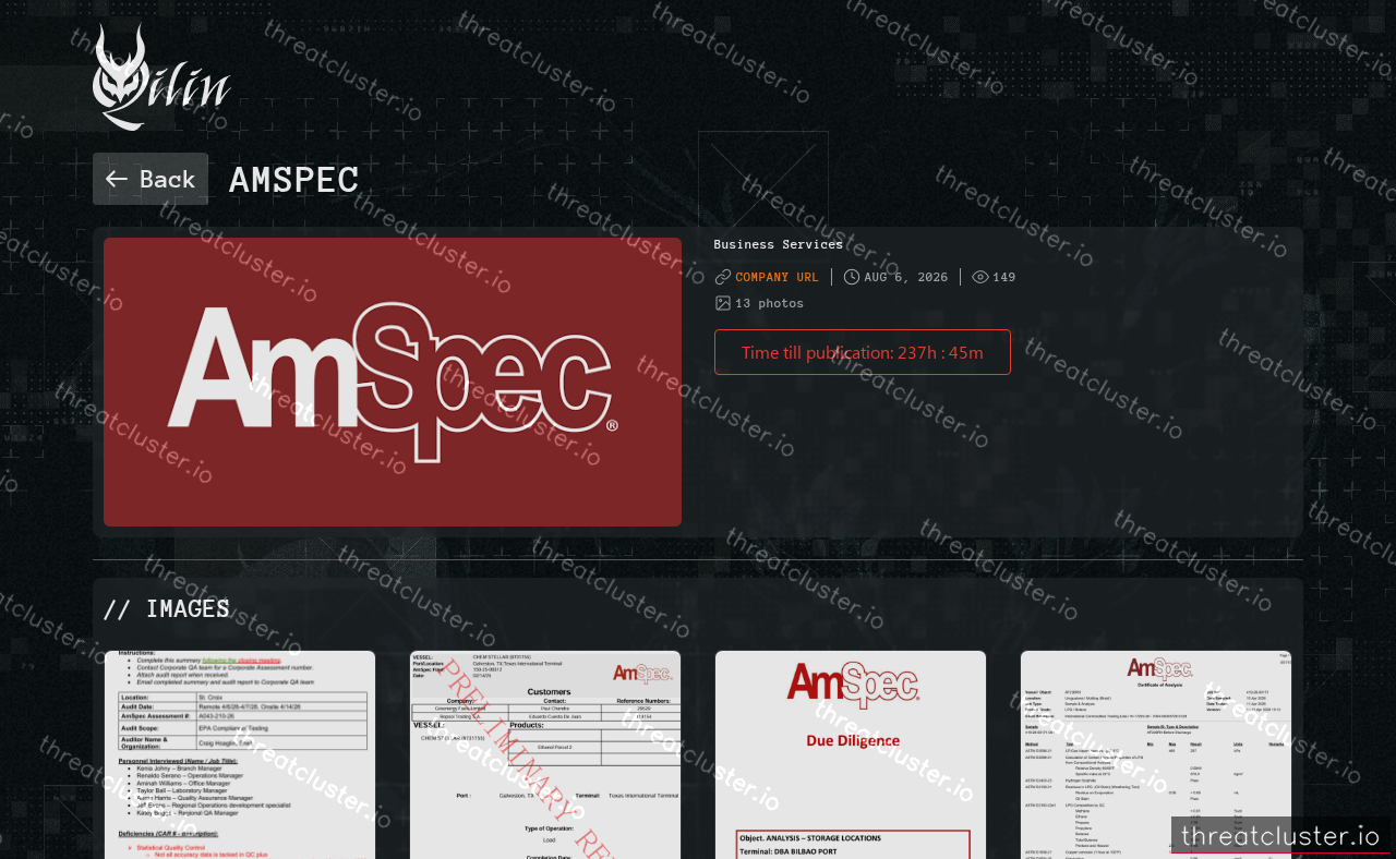 Leak-site post naming AmSpec, captured by ThreatCluster