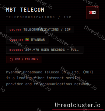 Leak-site post naming MBT Telecom, captured by ThreatCluster
