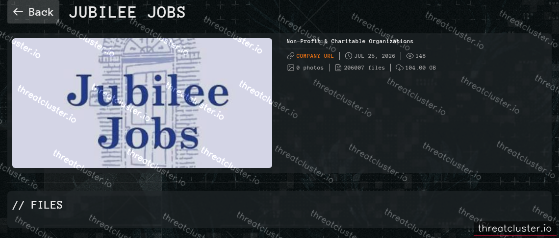 Leak-site post naming Jubilee Jobs, captured by ThreatCluster