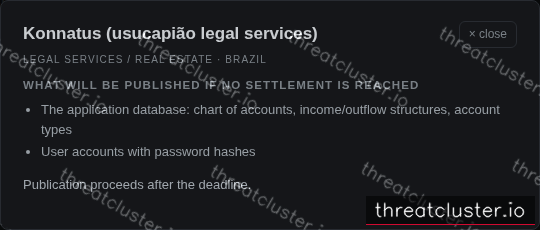 Leak-site post naming Konnatus (usucapião legal services), captured by ThreatCluster