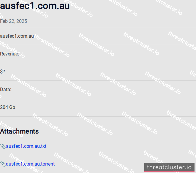 Leak-site post naming ausfec1.com.au, captured by ThreatCluster