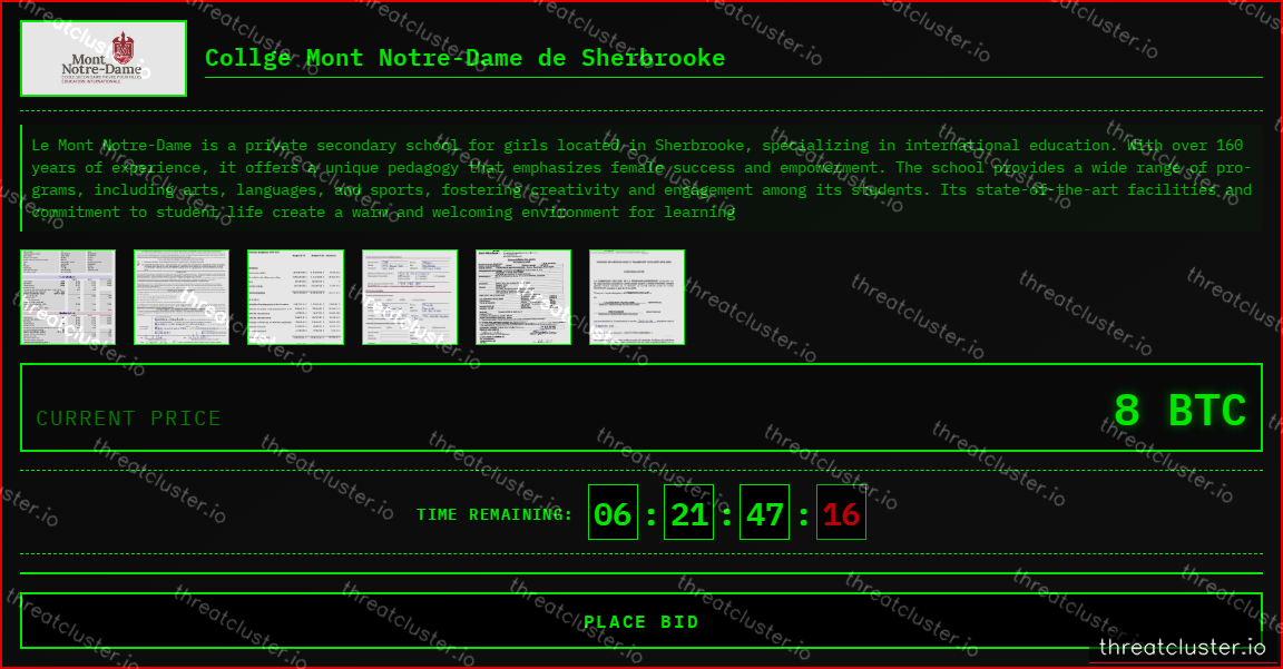 Leak-site post naming Collge Mont Notre-Dame de Sherbrooke, captured by ThreatCluster