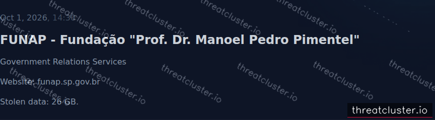 Leak-site post naming FUNAP - Fundação "Prof. Dr. Manoel Pedro Pimentel", captured by ThreatCluster