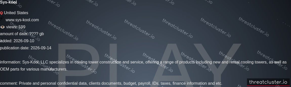Leak-site post naming Sys-kool, captured by ThreatCluster