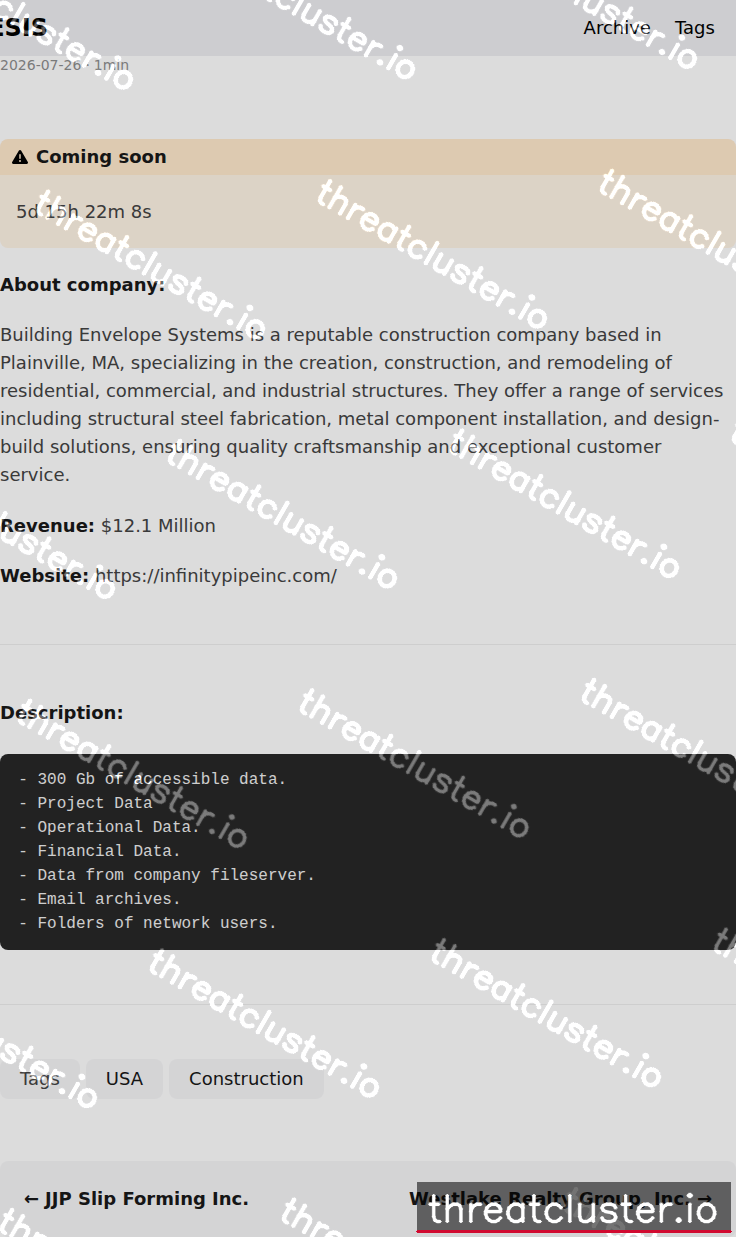 Leak-site post naming Building Envelope Systems, captured by ThreatCluster