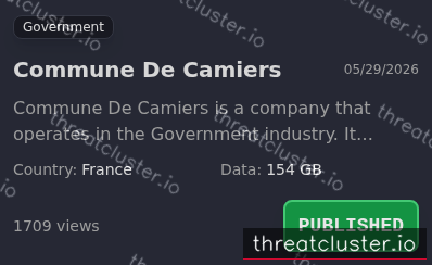 Leak-site post naming Commune De Camiers, captured by ThreatCluster