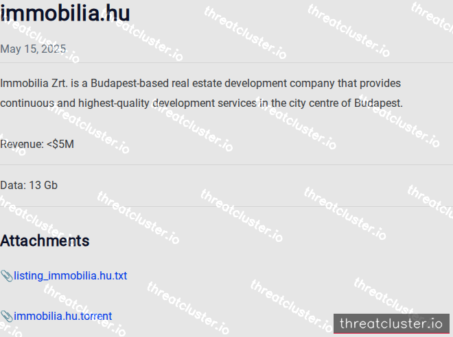 Leak-site post naming immobilia.hu, captured by ThreatCluster