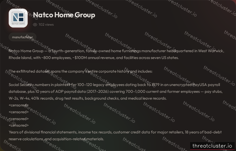 Leak-site post naming Natco Home Group, captured by ThreatCluster