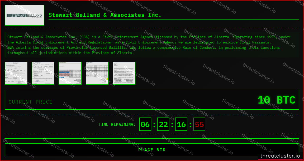 Leak-site post naming Stewart Belland & Associates Inc., captured by ThreatCluster