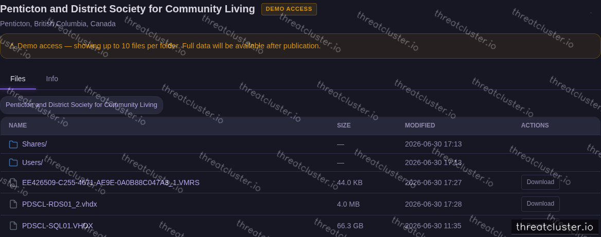 Leak-site post naming Penticton and District Society for Community Living, captured by ThreatCluster
