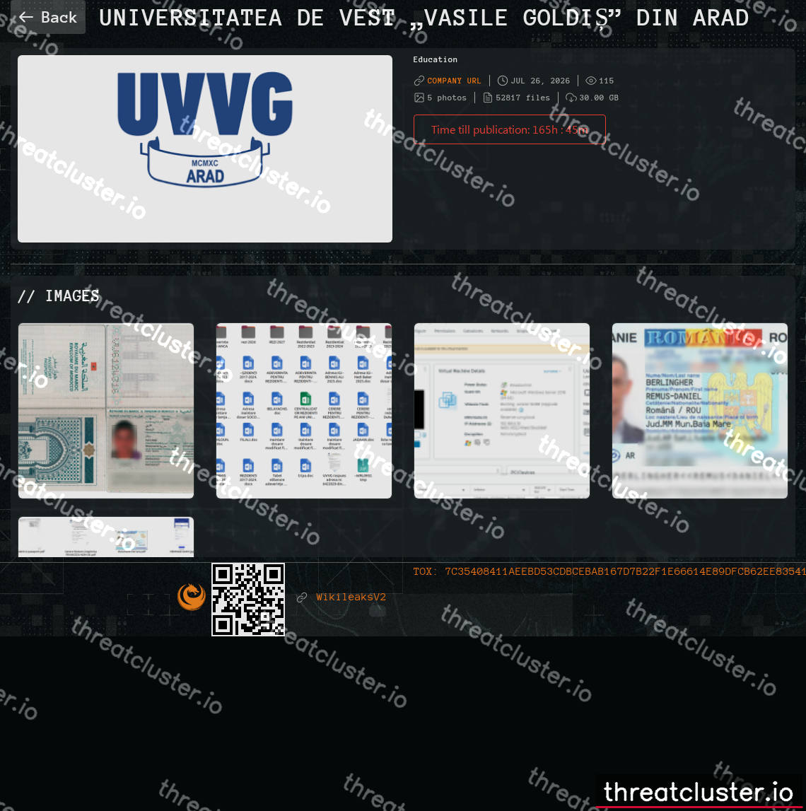Leak-site post naming Universitatea de Vest „Vasile Goldiș” din Arad, captured by ThreatCluster