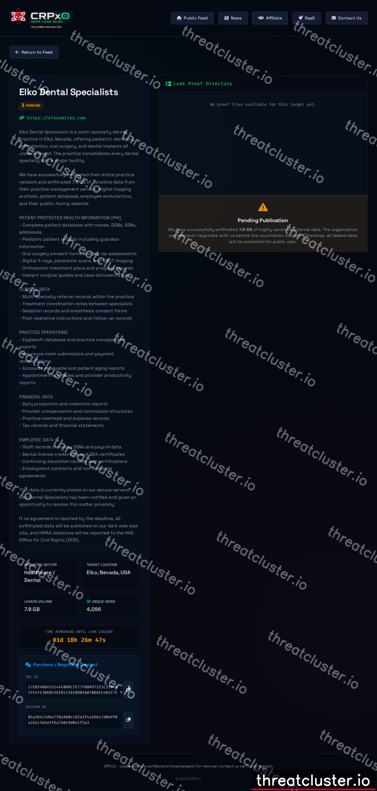 Leak-site post naming Elko Dental Specialists, captured by ThreatCluster