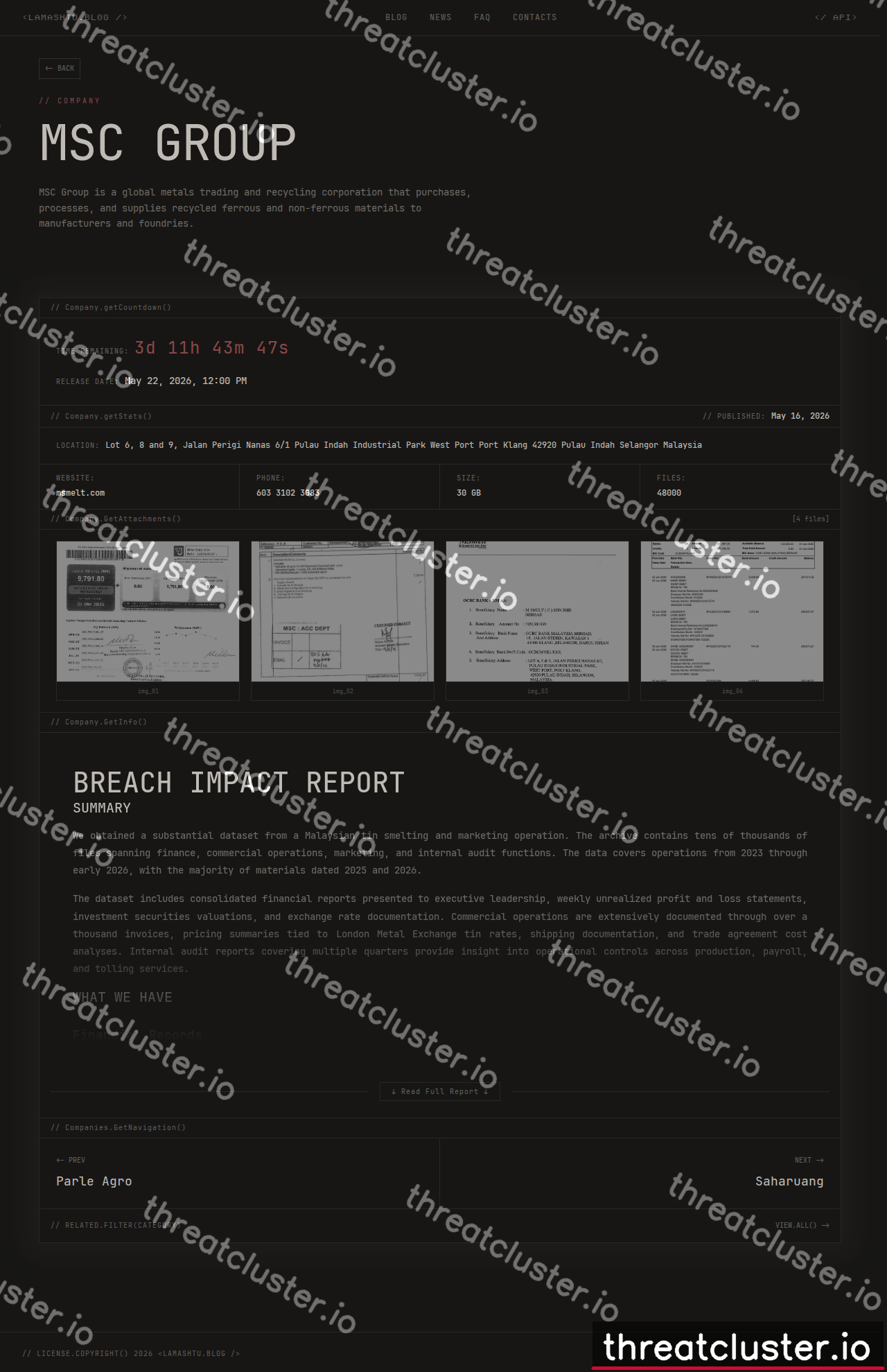 Leak-site post naming MSC Group, captured by ThreatCluster