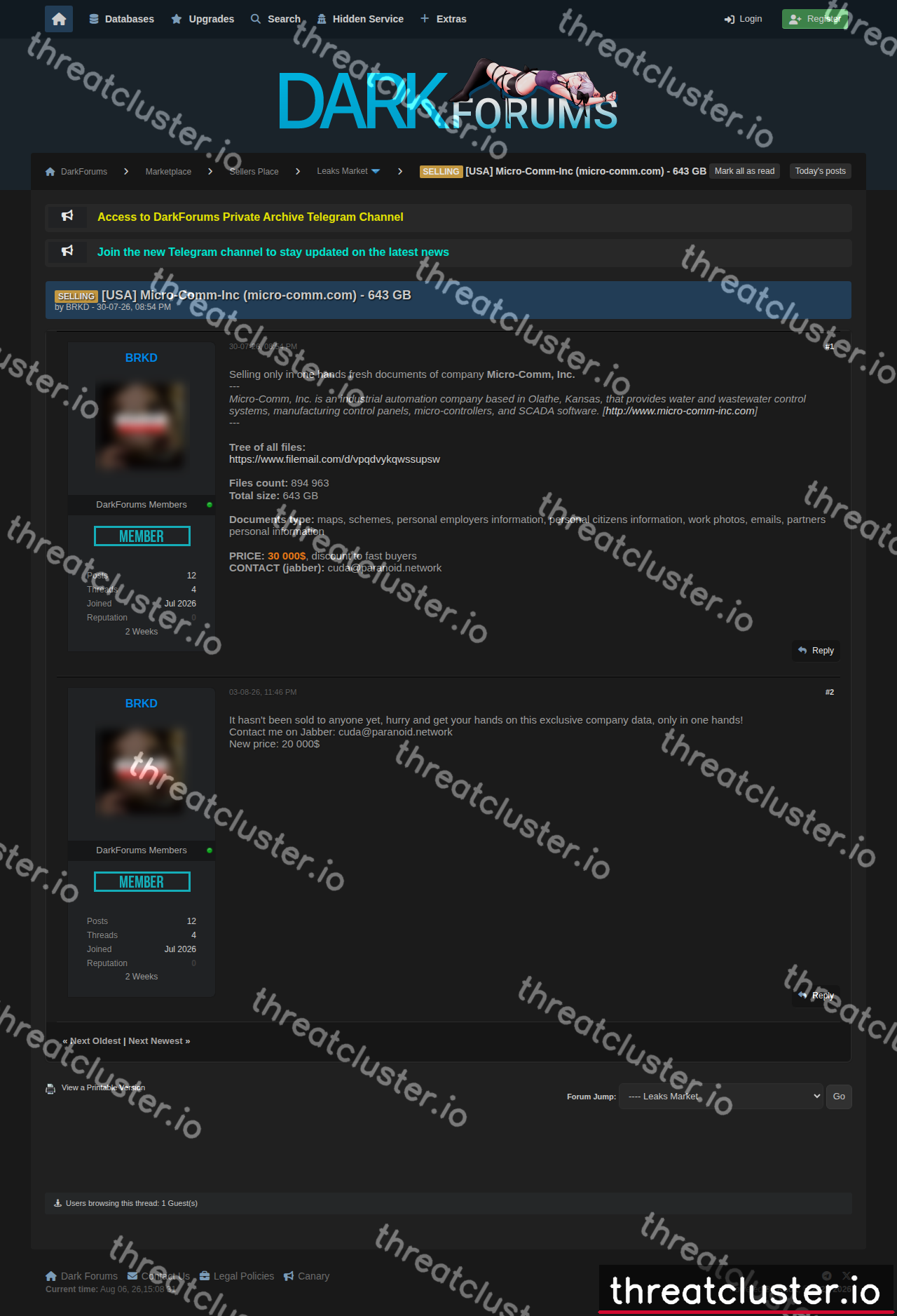 Leak-site post naming Micro-Comm Inc., captured by ThreatCluster