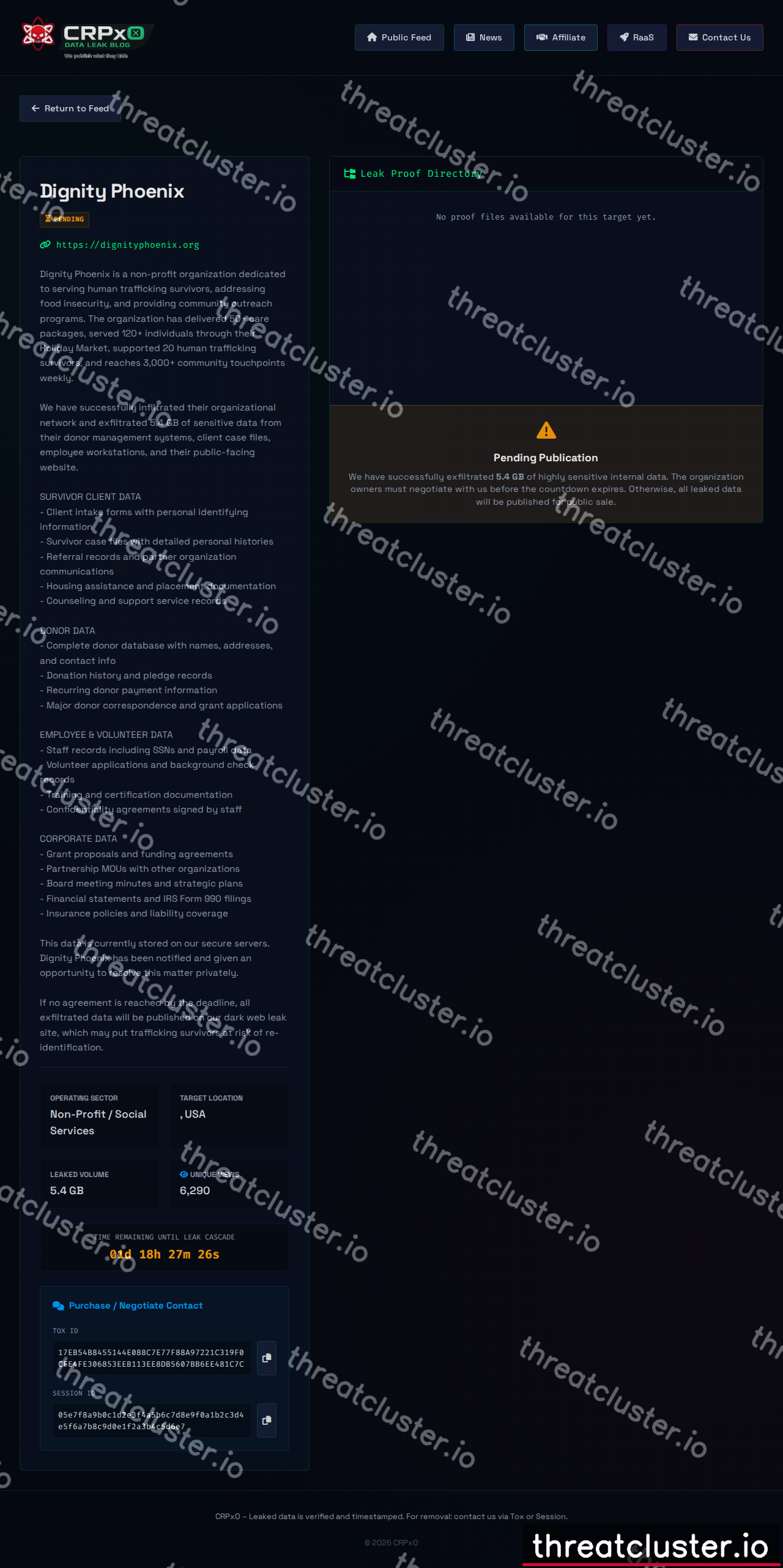 Leak-site post naming Dignity Phoenix, captured by ThreatCluster
