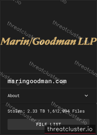 Leak-site post naming maringoodman.com, captured by ThreatCluster
