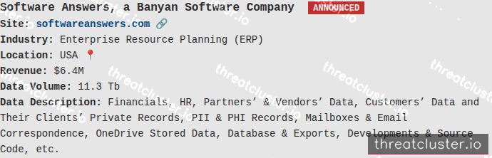 Leak-site post naming Software Answers, a Banyan Software Company, captured by ThreatCluster