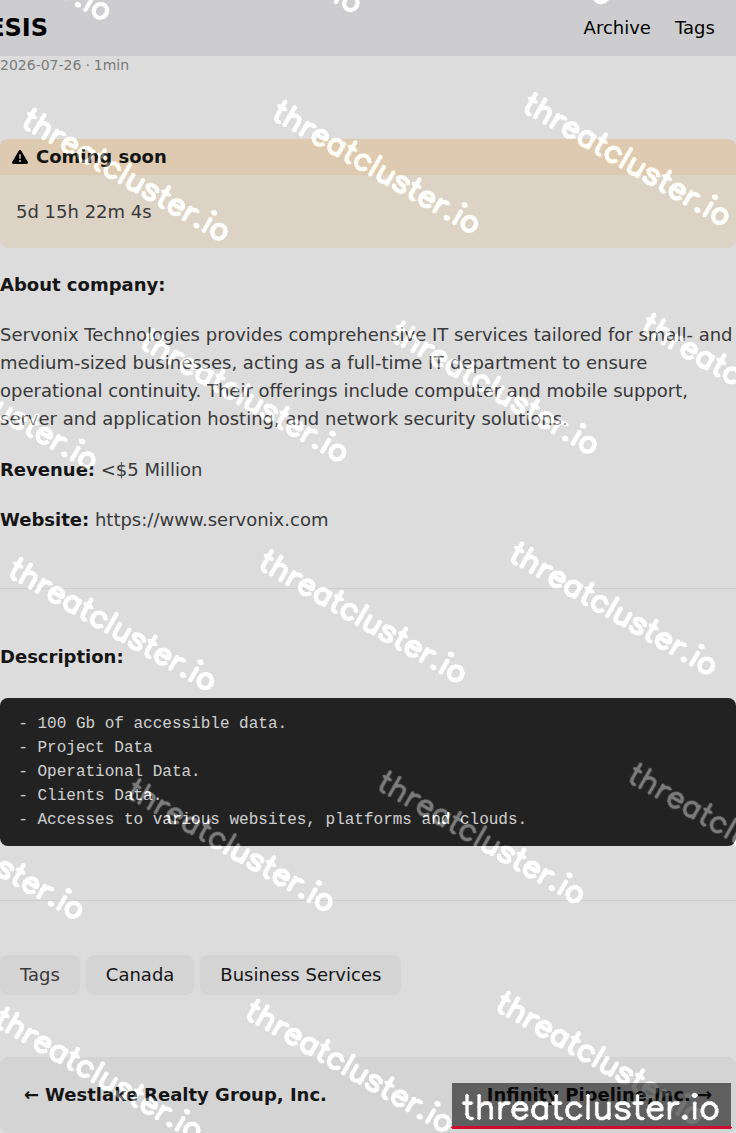 Leak-site post naming Servonix Technologies, captured by ThreatCluster